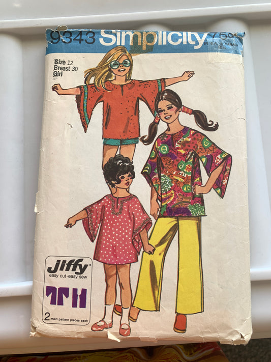 Simplicity Jiffy Sewing Pattern 9343 Girls' Pants, Two Lengths, Shorts, Top, Kimono Sleeves, Size 12, Cut, Vintage 1971