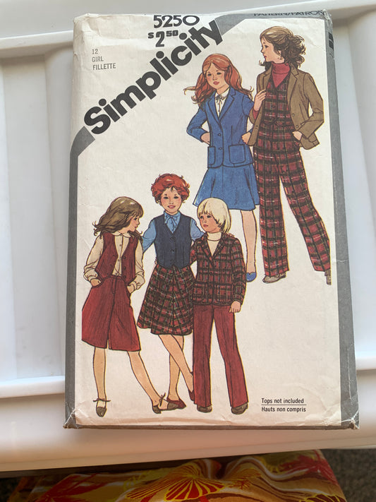 Simplicity Sewing Pattern 5250 Girls' Skirt, Culottes, Pants, Lined Vest, Unlined Jacket, Size 12, Cut, Vintage 1981