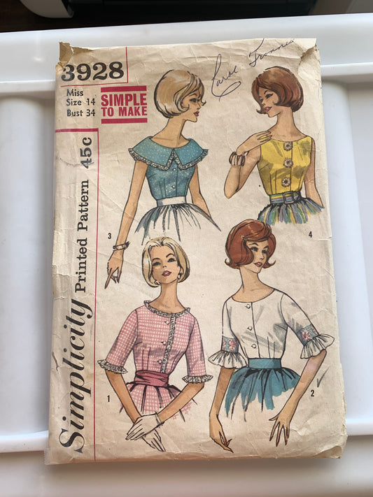 Simplicity Sewing Pattern 3928 Misses' Blouses, Button Front, Long Sleeves, Sleeveless, Collar, 4 Variations, Size 14, Cut, Vintage 1964