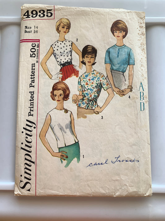 Simplicity Sewing Pattern Misses' Blouses, Button Front, Sleeveless, 4 Variations, Size 14, Cut, Vintage 1964