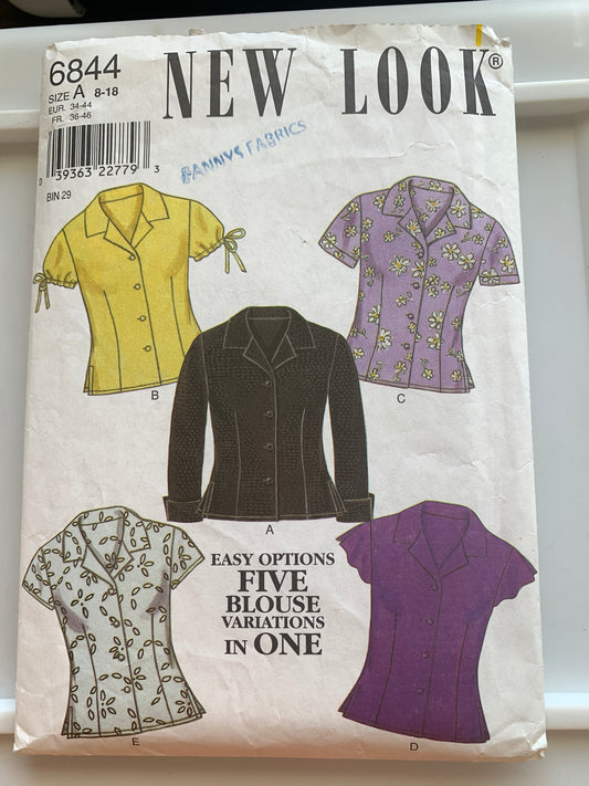 Simplicity New Look Sewing Pattern 6844 Misses' Tops, Shirts, Long/Short Sleeves, 5 Variations, Button Front, Fitted, Size 8-14, Cut, 2008 