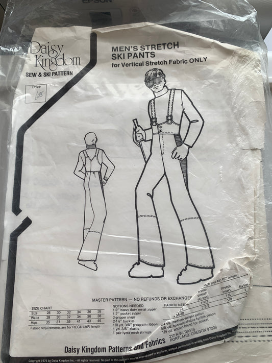 Daisy Kingdom Sewing Patterns 38 Men's Stretch Ski Pants, Zipper Front, Shoulder Straps, Size 28-38, Uncut, Vintage 1976