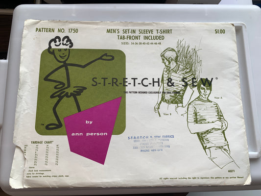 Stretch & Sew 1750 Ann Person Men's T-Shirt, Tab Front, Short Sleeves, 2 Variations, Size 34-48, Uncut, Vintage 1997