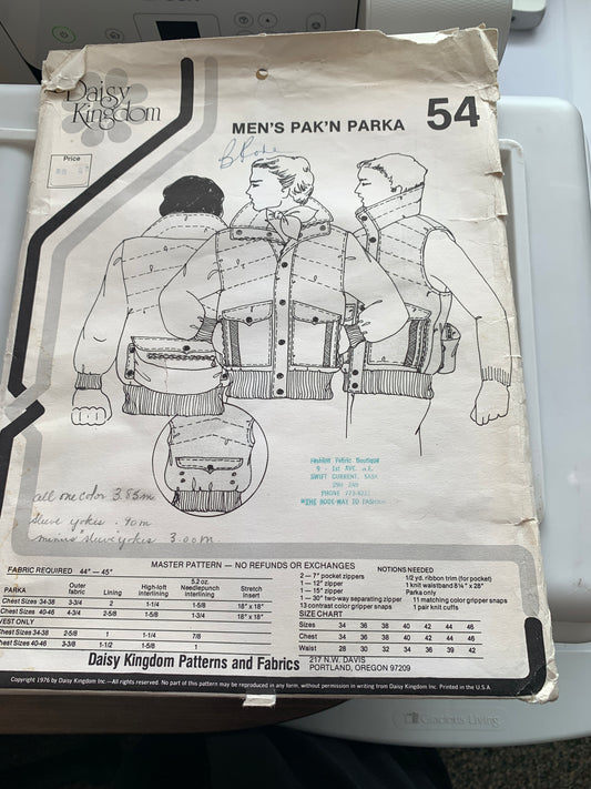 Daisy Kingdom Sewing Patterns 54 Men's Pak'n Parka, Vest, Snap Front, Pockets, Size 34-46, Uncut, Vintage 1976