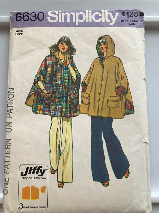 Simplicity Sewing Pattern Jiffy 6630 Misses' Reversible Hooded Poncho: Front Snap, Pockets, One Size, Uncut, Vintage 1974