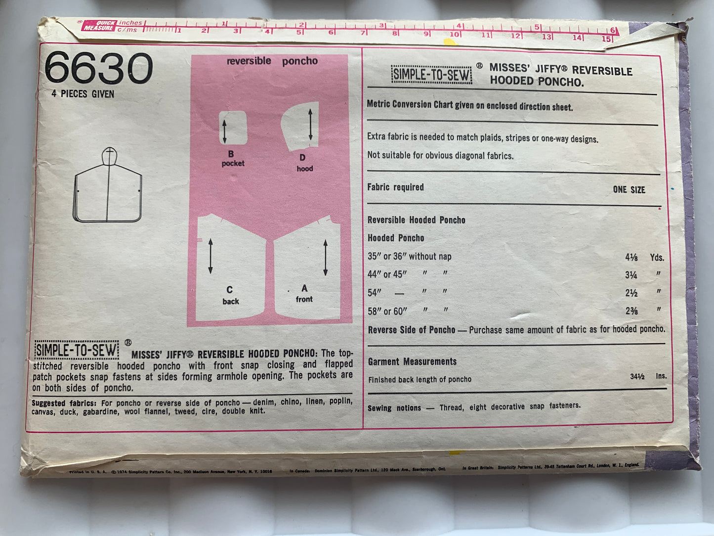 Simplicity Sewing Pattern Jiffy 6630 Misses' Reversible Hooded Poncho: Front Snap, Pockets, One Size, Uncut, Vintage 1974