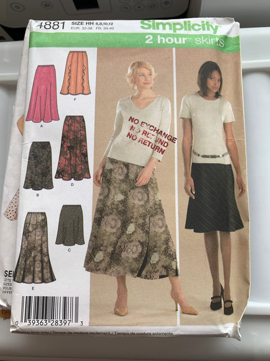 Simplicity Sewing Pattern 4881 Misses' Skirt, Three Lengths, Elastic Waist, Pull-On, Size 6-12, Uncut, 2004