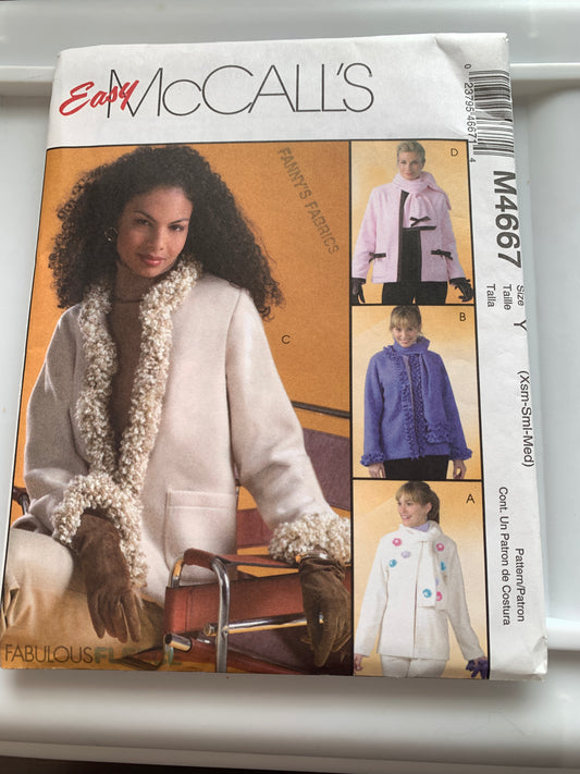 McCall's Sewing Pattern M4667 Misses'/Miss Petite Jackets, Scarves, Button Front, Pockets, Size 4-14, Uncut, 2004