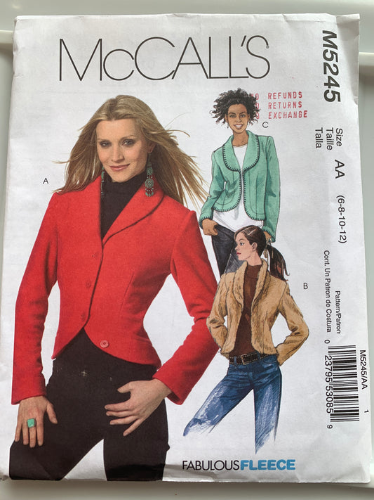 McCall's Sewing Pattern M5245 Misses' Jackets, Button Front, Shawl Collars, Pockets, Size 6-12, Uncut, 2006