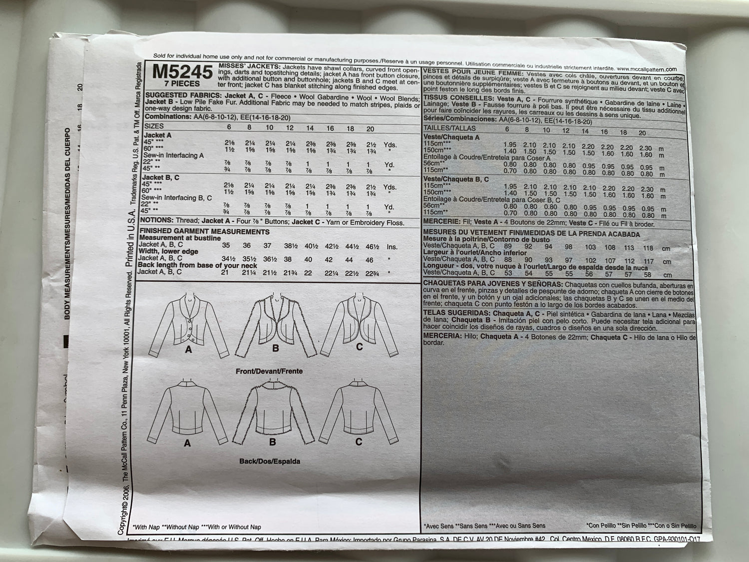 McCall's Sewing Pattern M5245 Misses' Jackets, Button Front, Shawl Collars, Pockets, Size 6-12, Uncut, 2006