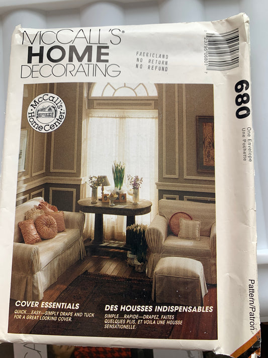 McCall's Home Decorating Sewing Pattern 680 Loveseat Cover, Ottoman Cover, Pillow, Uncut, Vintage 1995
