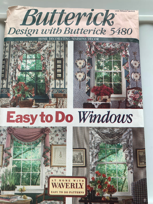 Butterick Sewing Pattern 5480 Window Shades, Coverings, 10 Variations, Unlined, Curtains, Jabot, Valance, Swag, Cafe, Uncut, Vintage 1991
