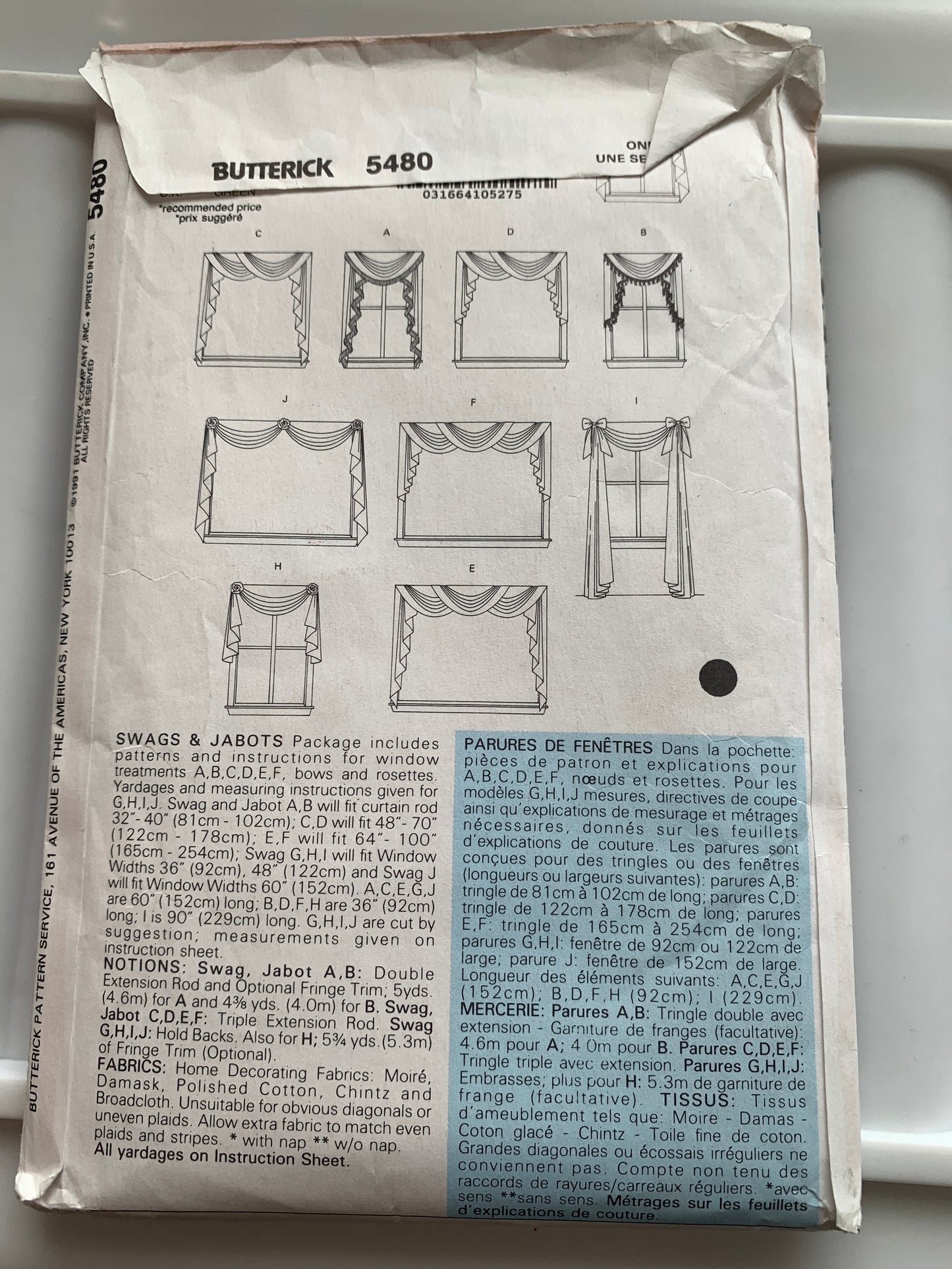 Butterick Sewing Pattern 5480 Window Shades, Coverings, 10 Variations, Unlined, Curtains, Jabot, Valance, Swag, Cafe, Uncut, Vintage 1991