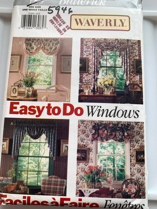 Butterick Sewing Pattern 5946 Window Shades, Coverings, 12 Variations, Unlined, Curtains, Jabot, Valance, Swag, Cafe, Uncut, Vintage 1992