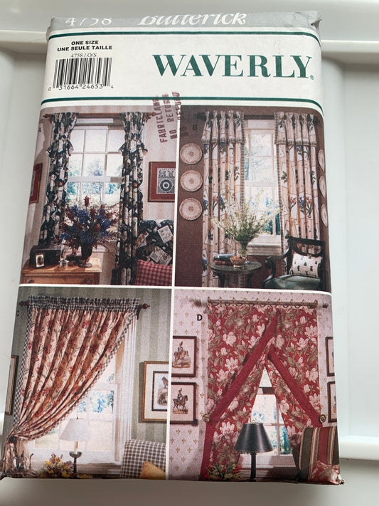 Butterick Sewing Pattern Waverly 4758 Window Shades, Coverings, 4 Variations, Curtains, Drapes, Uncut, Vintage 1996