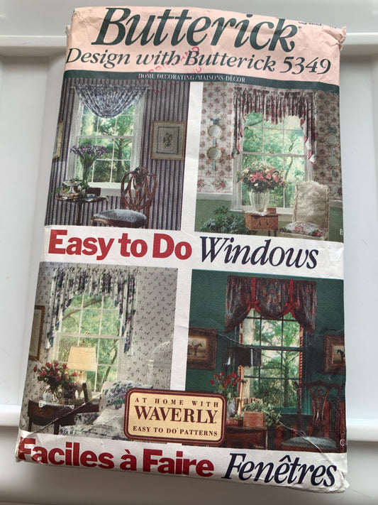 Butterick Sewing Pattern Waverly 5349 Window Shades, Coverings, 4 Variations, Curtains, Jabot, Valance, Swag, Cafe, Uncut, Vintage 1991