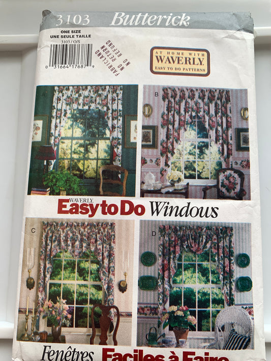 Butterick Sewing Pattern Waverly 3103 Window Shades, Coverings, 4 Variations, Valances, Jabots, Uncut, Vintage 1994