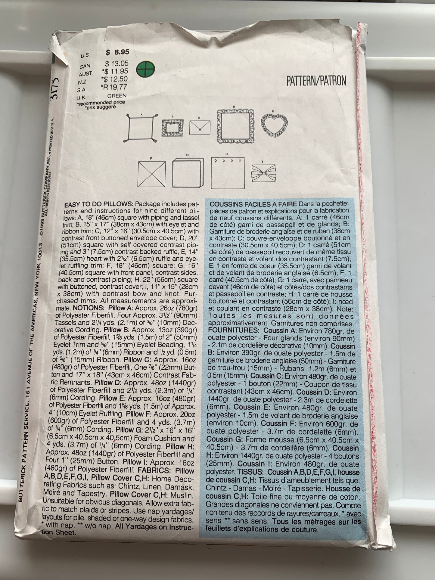 Butterick Sewing Pattern Waverly 3175 Pillow Covers, 9 Variations, Piping, Tassels, Square, Heart, Uncut, Vintage 1993