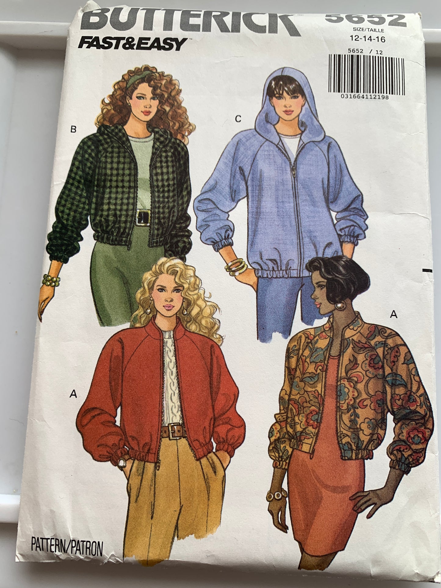 Butterick Sewing Pattern 5652 Misses' Hooded Jacket, Loose-Fitting, Shoulder Pads, Unlined, Long Sleeves, Size 12-16, Uncut, Vintage 1991