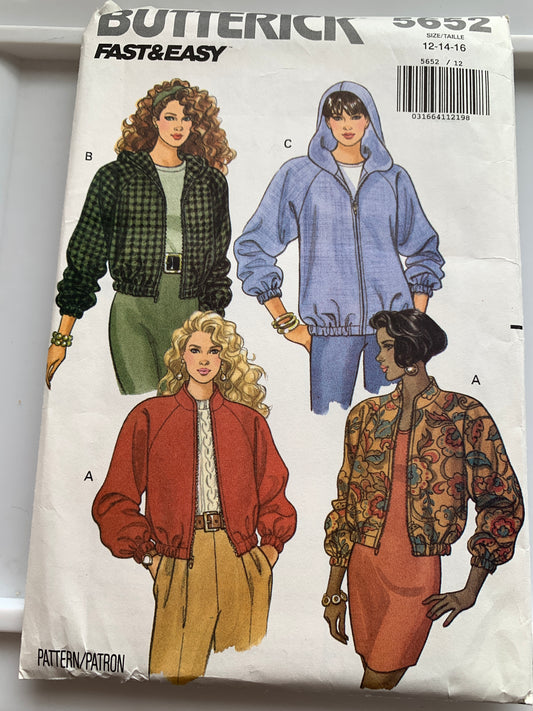 Butterick Sewing Pattern 5652 Misses' Hooded Jacket, Loose-Fitting, Shoulder Pads, Unlined, Long Sleeves, Size 12-16, Uncut, Vintage 1991