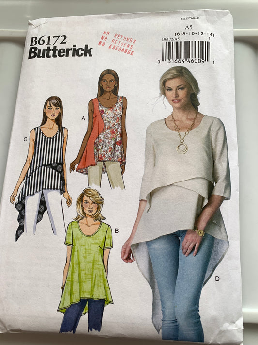 Butterick Vintage Sewing Pattern B6172 Misses' Tunic, Top, Loose-Fitting, Long/Short Sleeves, 4 Variations, Pullover, Size 6-14, Uncut, 2015