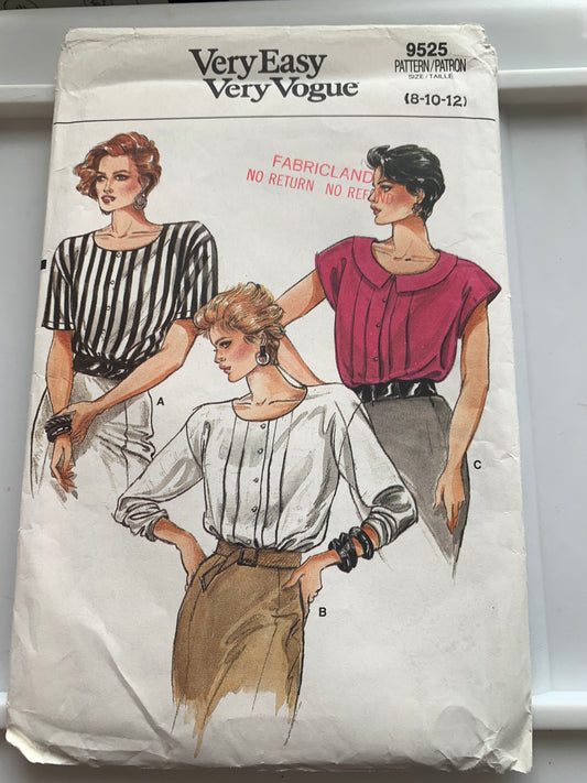 Vogue Sewing Pattern 9525 Misses' Blouse, Top, Loose-Fitting, Long/Short Sleeves, Shoulder Pads, Button Front, Uncut, Size 8-12, Vintage 1986