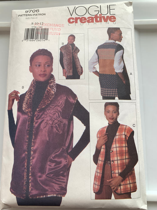 Vogue Sewing Pattern 9706 Misses' Vest, Loose-Fitting, Sleeveless, Pockets, Button Front, 3 Variations, Uncut, Size 8-12, Vintage 1997