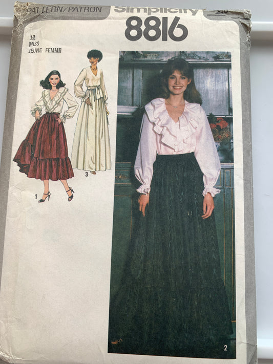 Simplicity Sewing Pattern 8816 Misses' Blouse, Skirt, Pullover, Long Sleeves, Two Lengths, Size 12, Uncut, Vintage 1973