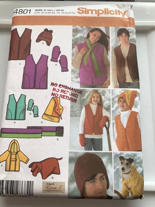 Simplicity Sewing Pattern 4801 Child's, Teens' and Adults' Vest, Hats, Scarf, Mittens, Dog Coat And Pillow Size XS-XL, Uncut, 2004