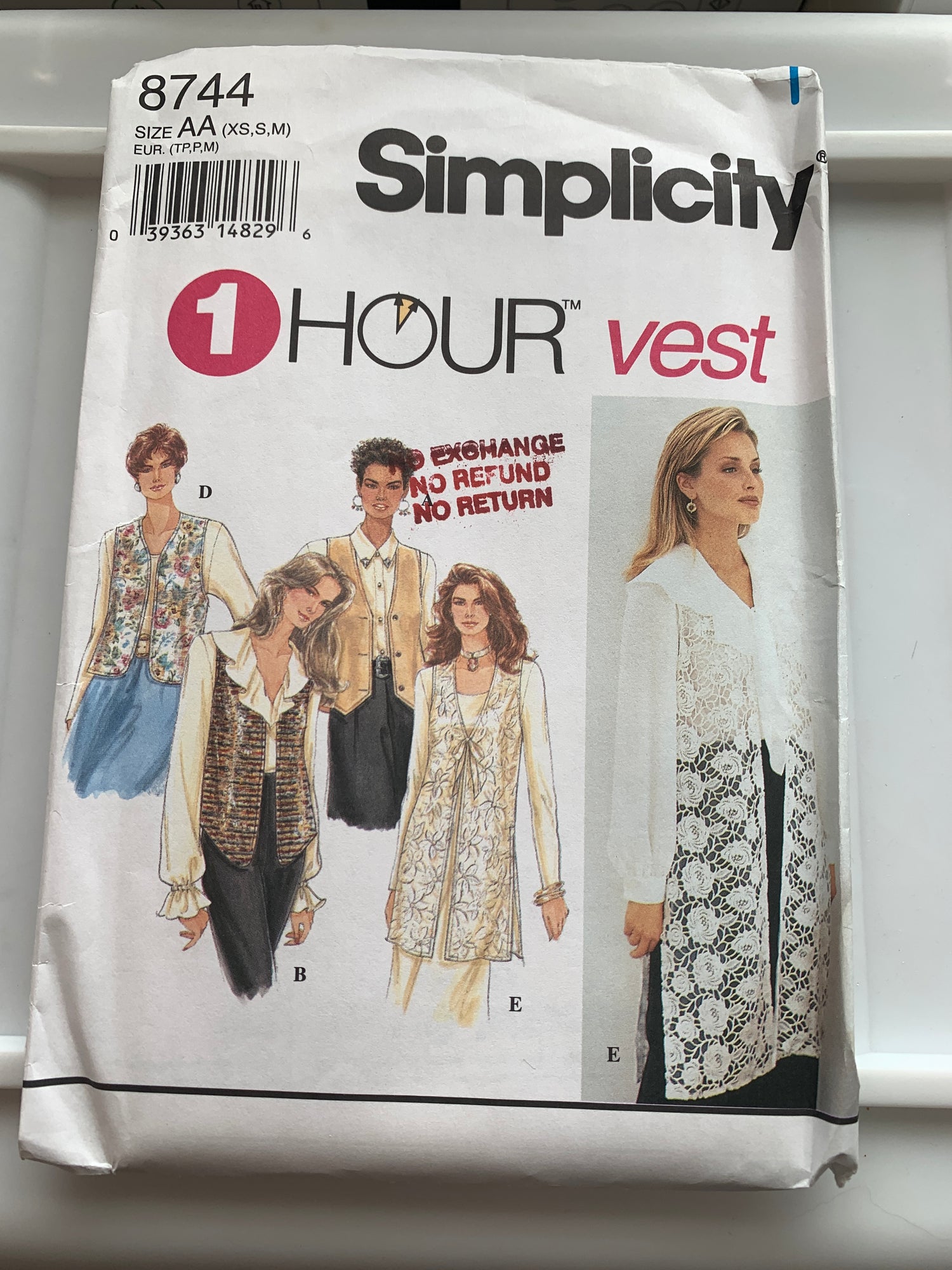 Simplicity Sewing Pattern 8744 Misses' Lined Vests, Sleeveless,Tie Back, Button Front, 4 Variations, Size 6-16, Uncut, Vintage 1993