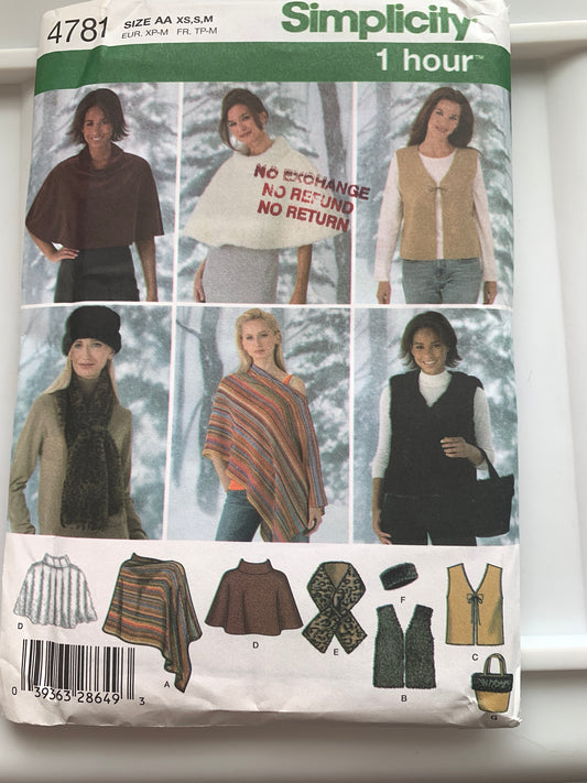 Simplicity Sewing Pattern 4781 Misses' Ponchos, Vest, Scarf, Head Band, Bag, Size 6-16, Uncut, 2004