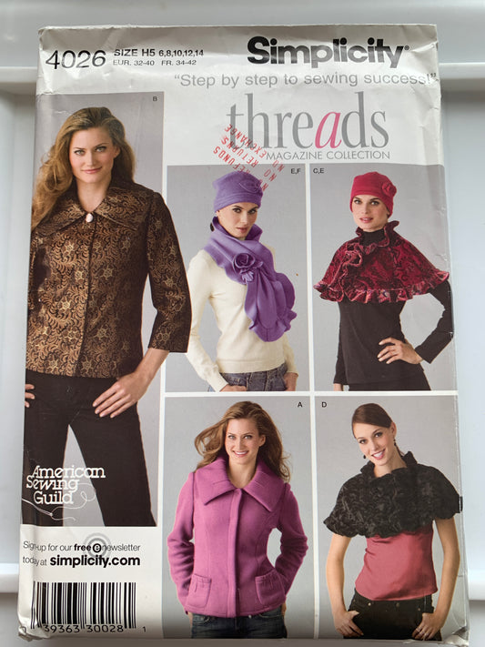 Simplicity Sewing Pattern 4026 Misses' Misses' Fashion Accessories, Capelet, Shrug, Scarf, Hat, Size 6-14, Uncut, 2006