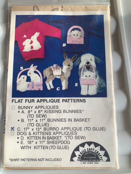 Son Rise Soft Craft Flat Fur Applique Patterns, Burro, Size 17" X 13", Uncut, Vintage 1981
