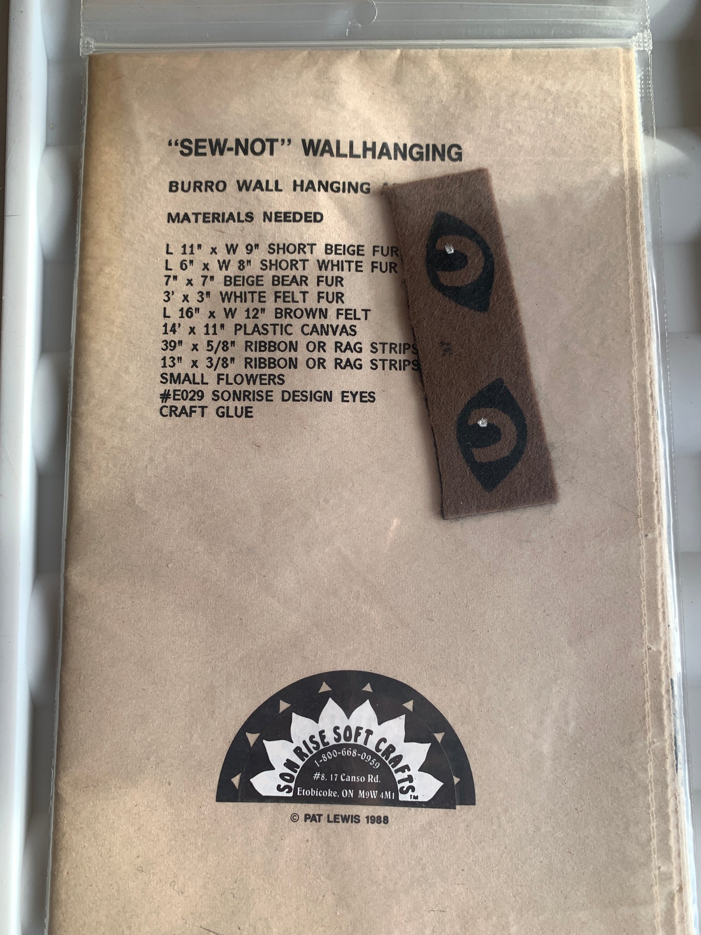 Son Rise Soft Craft Flat Fur Applique Patterns, Burro, Size 17" X 13", Uncut, Vintage 1981