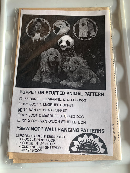 Son Rise Soft Crafts Pattern Puppets Animals, Mam De Bear Puppet, Size 18", Uncut, Vintage 1980