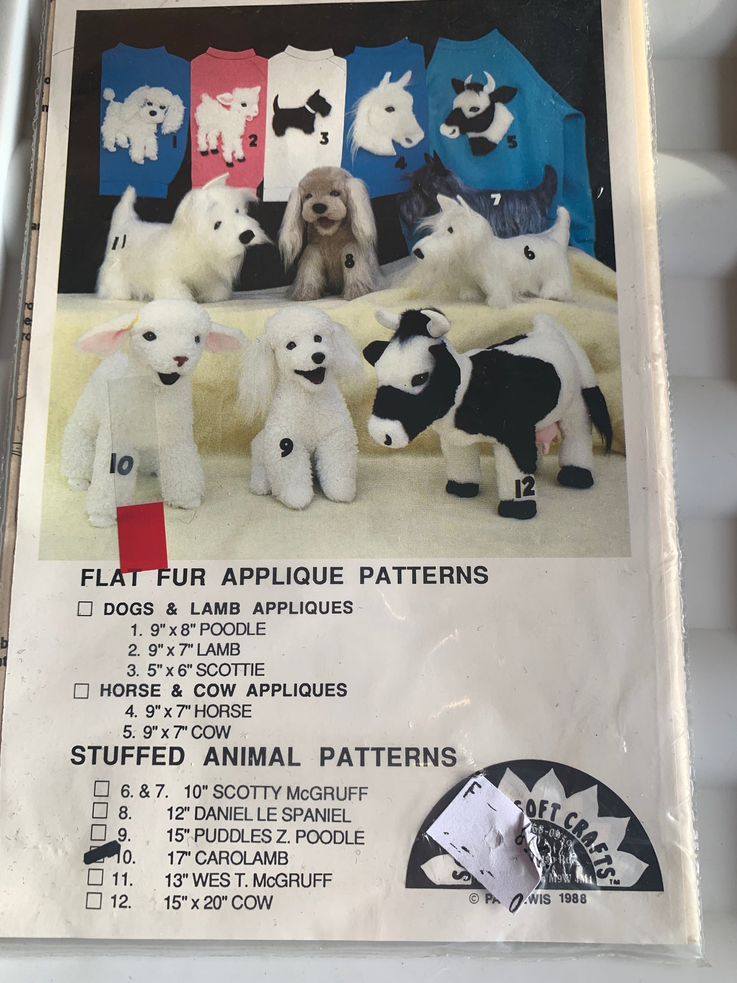 Son Rise Soft Craft Flat Fur Stuffed Animal Patterns, Carolamb, Size 17", Uncut, Vintage 1981