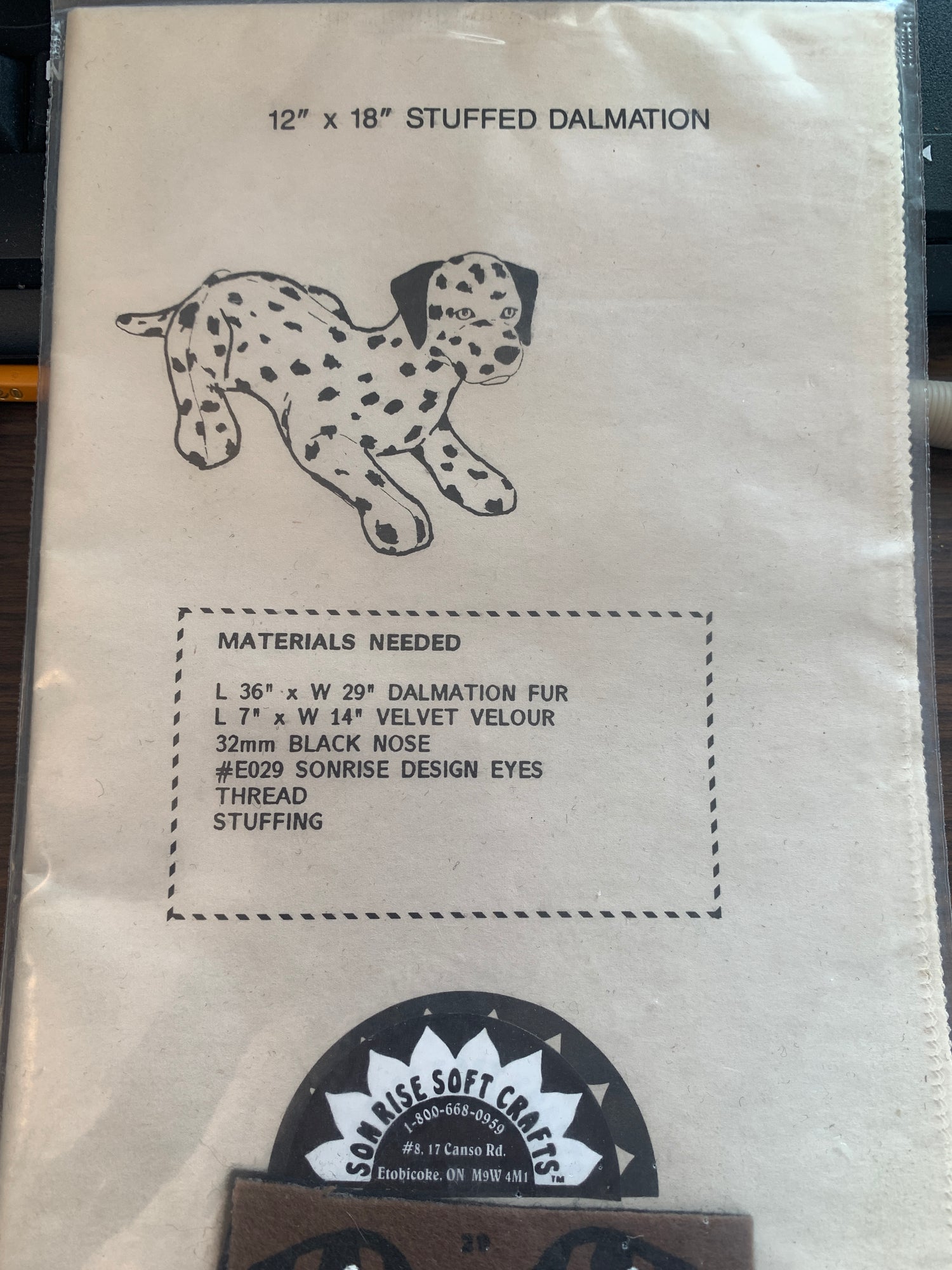 Son Rise Soft Craft Stuffed Animal Pattern Dalmation, Size 18 x 12", Uncut, Vintage 1981