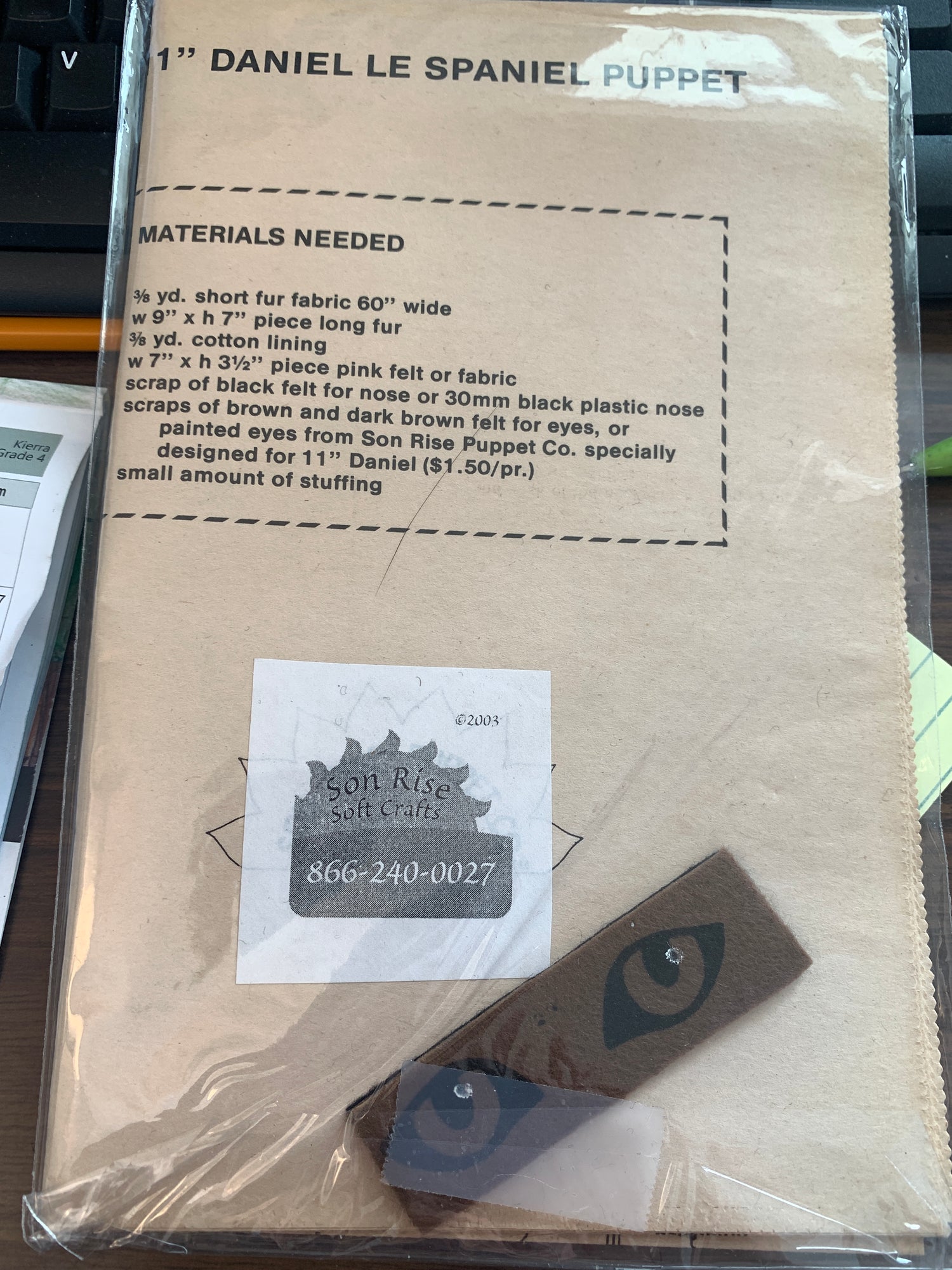 Son Rise Soft Crafts Pattern Puppets Animals, Daniel Le Spaniel, Size 11", Uncut, Vintage 1981