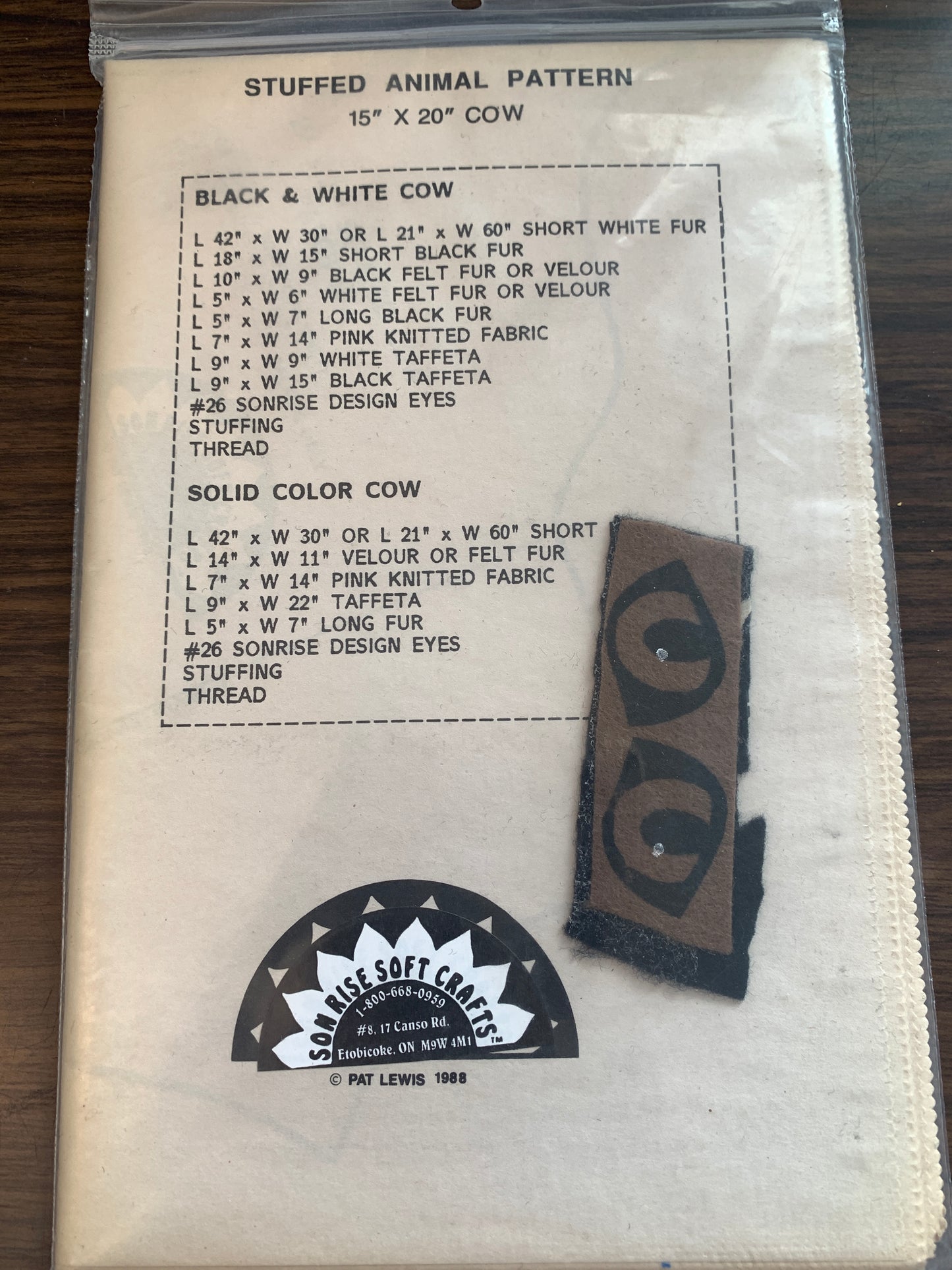 Son Rise Soft Craft Stuffed Animal Patterns, Cow, Size 15" x 20". Uncut, Vintage 1981 