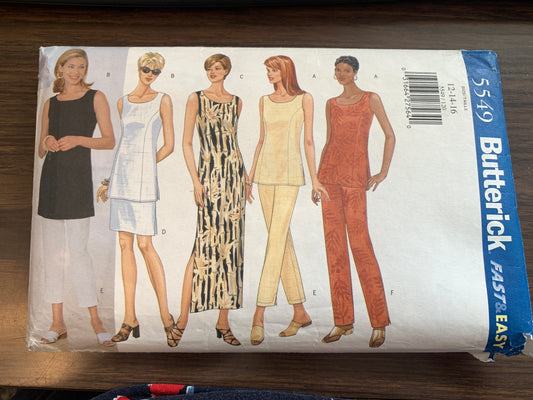 Butterick Sewing Pattern 5549 Misses'/Misses' Petite Dress,Tunic, Skirt, Pants, Fitted, Zipper Back, Sleeveless, Size 12-16, Uncut, Vintage 1998