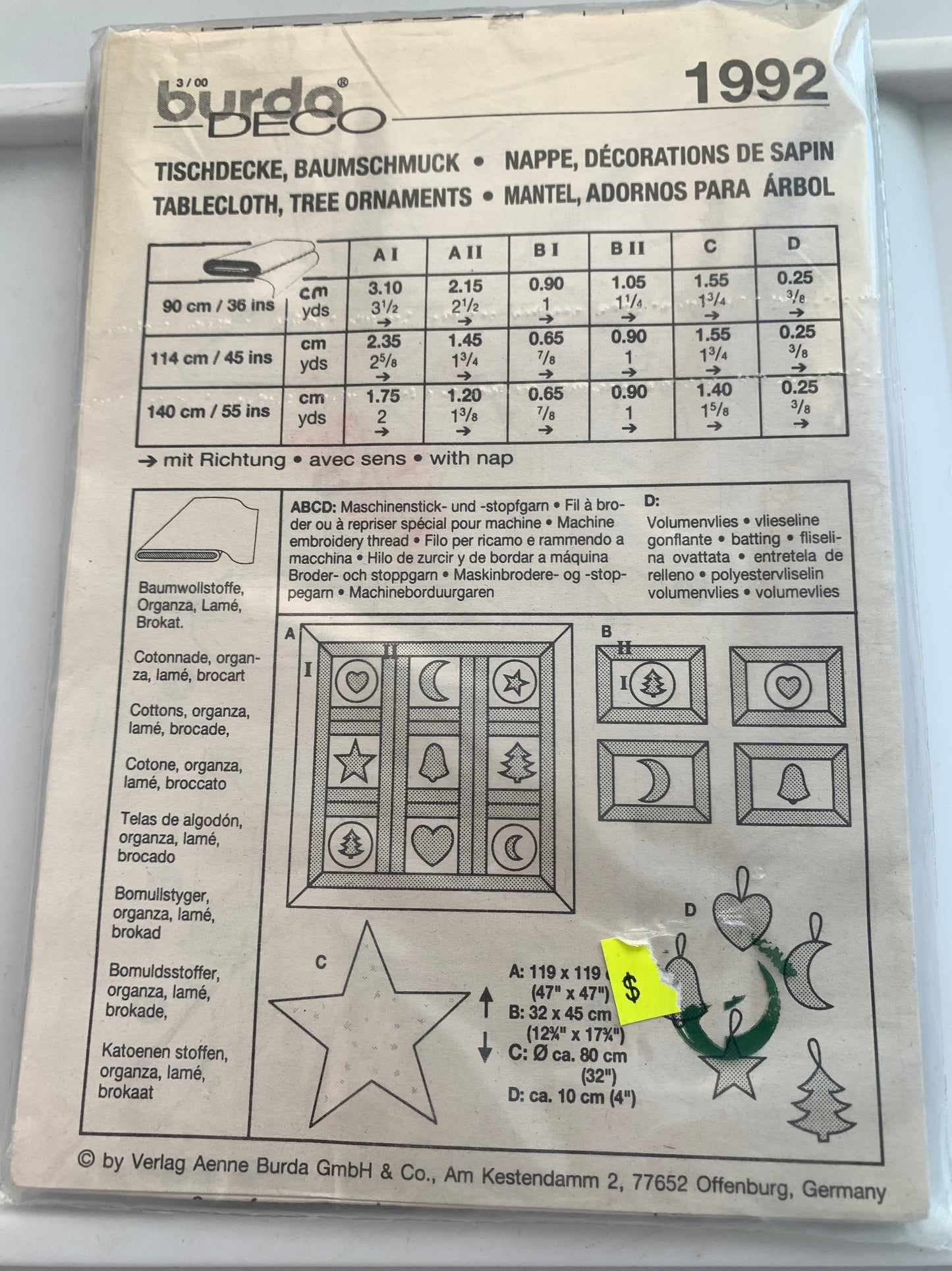 Burda Sewing Pattern 1992 Holiday, Christmas, Tablecloth, Centerpiece, Ornaments, Uncut, Vintage 1997