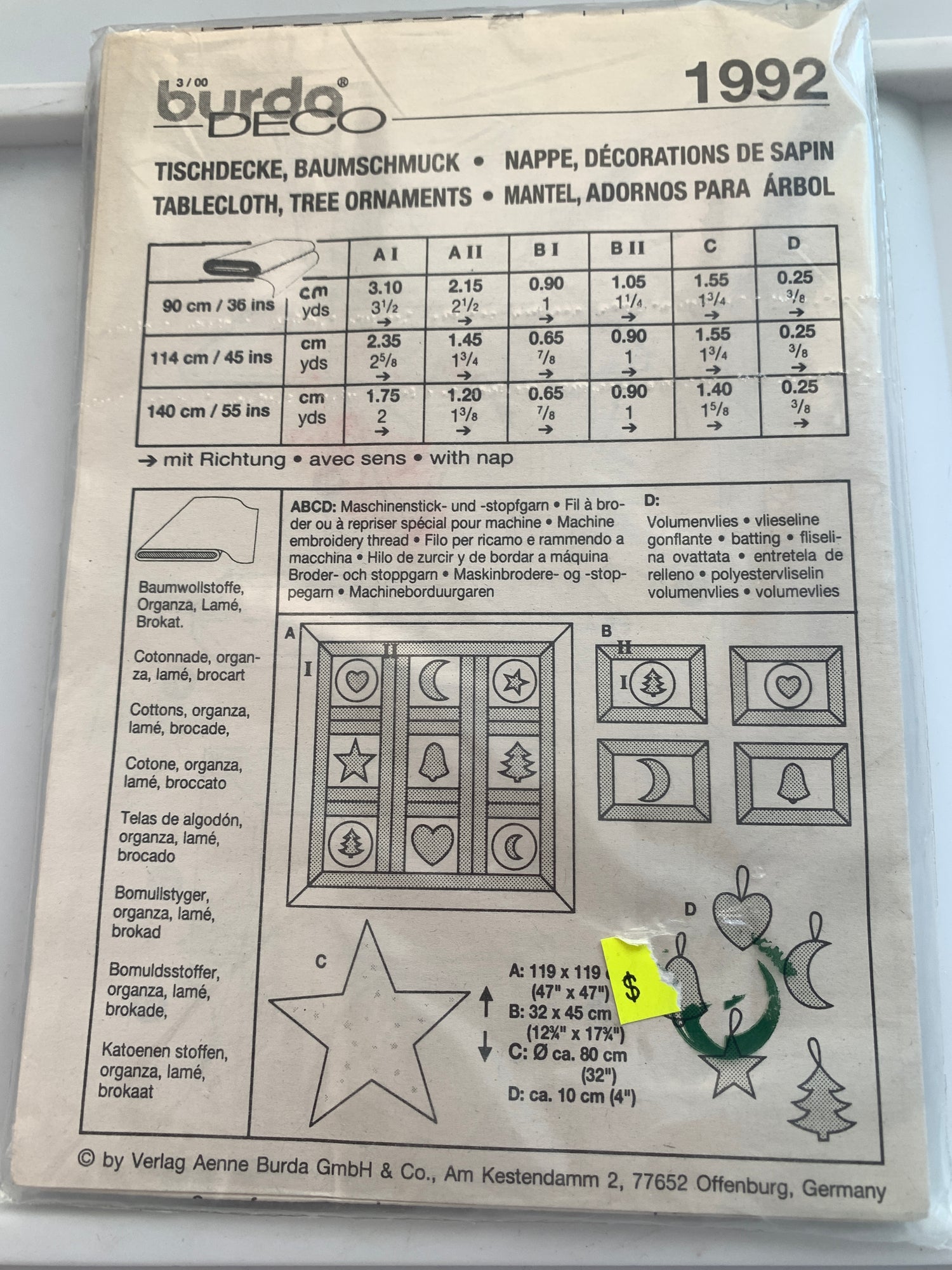Burda Sewing Pattern 1992 Holiday, Christmas, Tablecloth, Centerpiece, Ornaments, Uncut, Vintage 1997