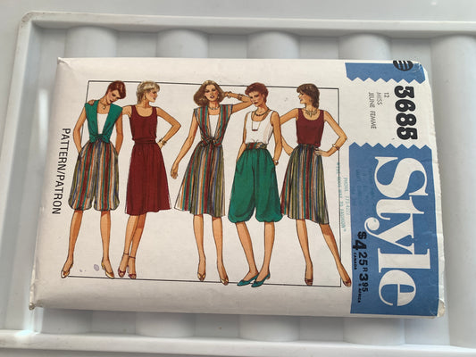 Style Sewing Pattern 3685 Misses' Top, Skirt, Zouave Trousers, Cummerbund, Size 12, Uncut, Vintage 1982