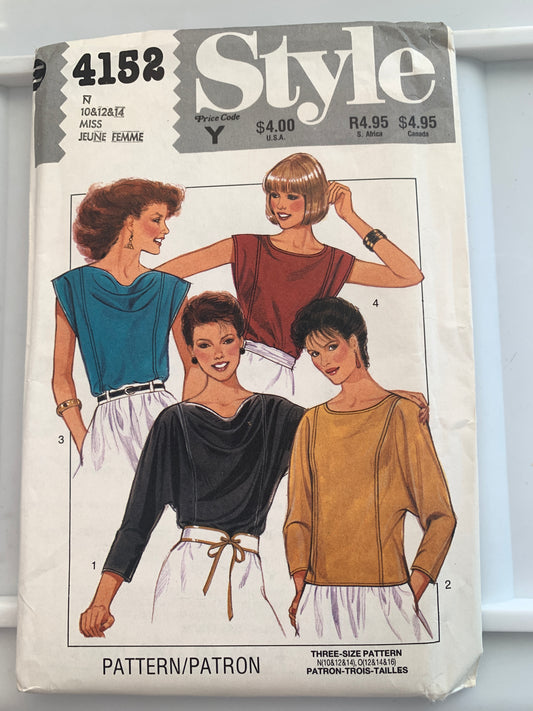 Style Sewing Pattern 4152 Misses' Pullover Tops, 4 Variations, Dolman Sleeves, Size 10-14, Uncut, Vintage 1988