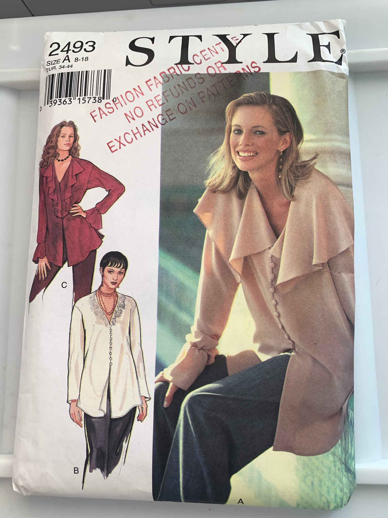 Style Sewing Pattern 2493 Misses' Blouse, 3 Variations, Long Sleeves, Size 8-18, Uncut, Vintage 1998