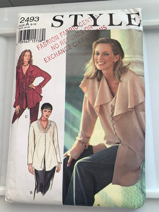 Style Sewing Pattern 2493 Misses' Blouse, 3 Variations, Long Sleeves, Size 8-18, Uncut, Vintage 1998