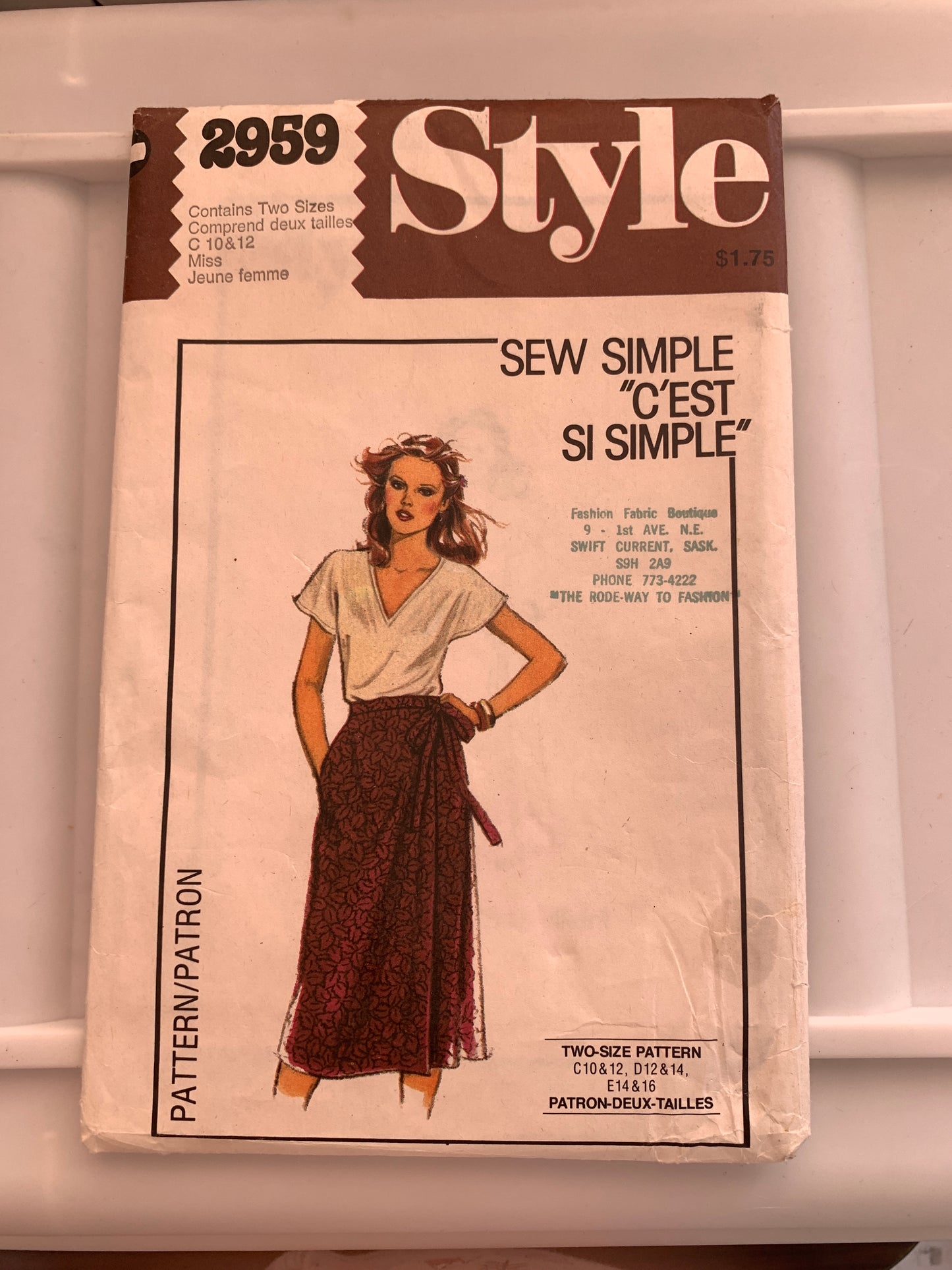 Style Sewing Pattern 2959 Misses' Front Wrap Bias Skirt, Tie Side, Size 10-12, Uncut, Vintage 1980