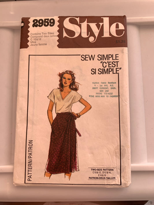 Style Sewing Pattern 2959 Misses' Front Wrap Bias Skirt, Tie Side, Size 10-12, Uncut, Vintage 1980