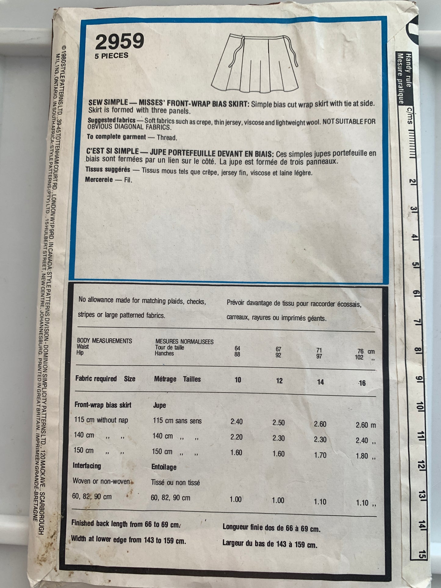 Style Sewing Pattern 2959 Misses' Front Wrap Bias Skirt, Tie Side, Size 10-12, Uncut, Vintage 1980
