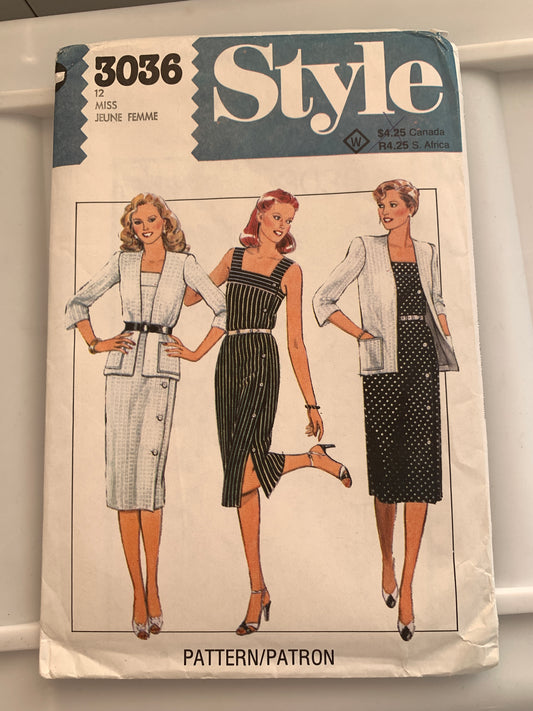 Style Sewing Pattern 3036 Misses' Unlined Cardigan, Dress, Side Button, Pockets, Size 12, Uncut, Vintage 1986